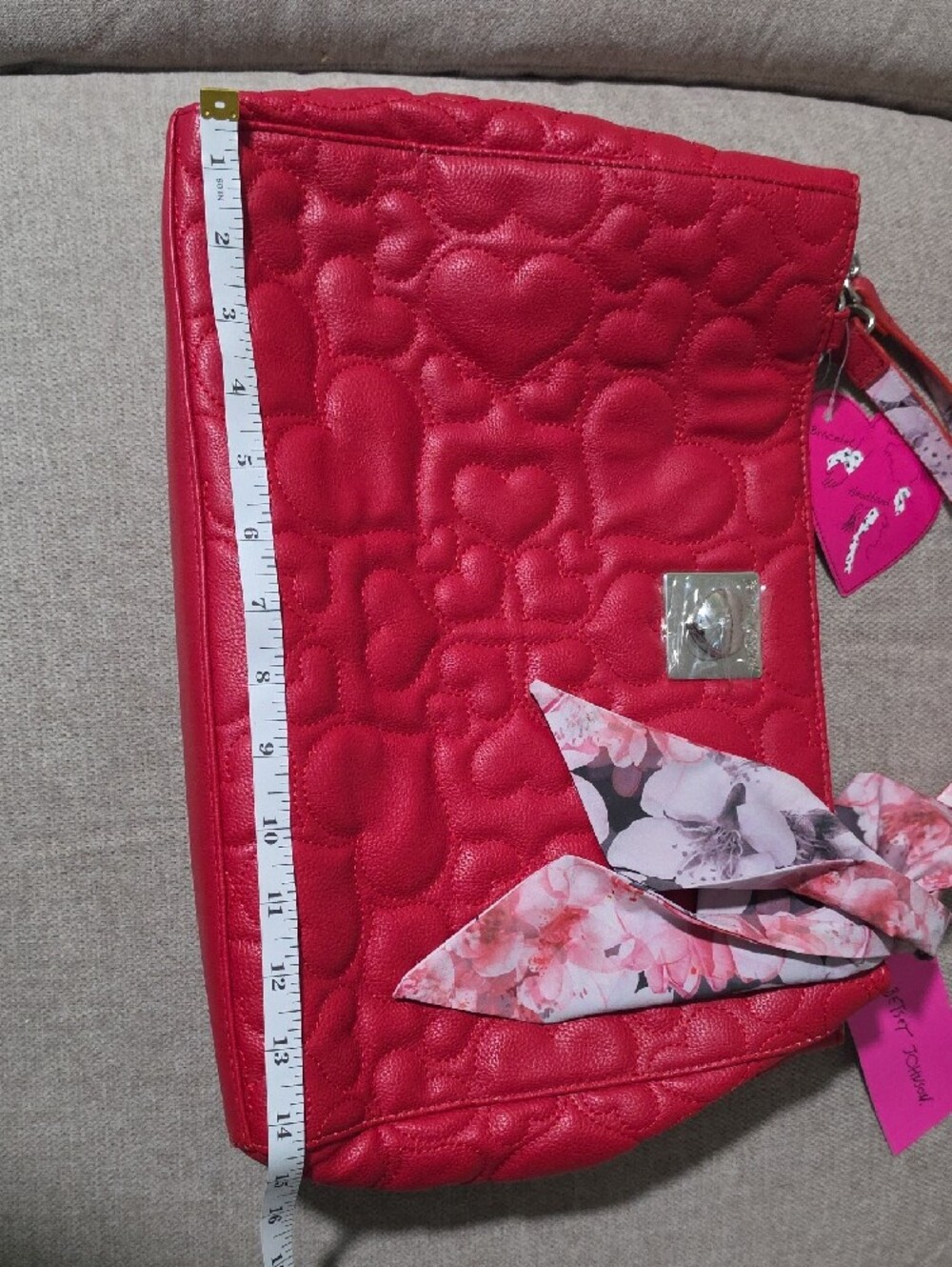 Betsey Johnson Red Quilted Heart-Pattern Shoulder Bag with Floral Scarf Accent - Picture 2 of 7